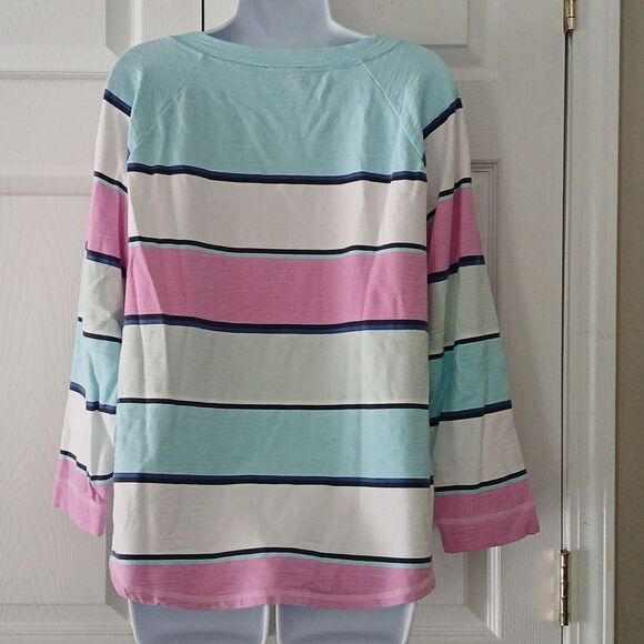T by Talbots wide striped SPF 50 long sleeve top purple white baby blue Sz XLP - Picture 3 of 4